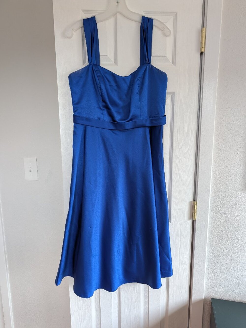 Blue A-Line Tea Length Satin Dress